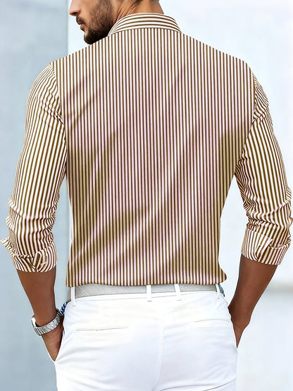 Back view on a model of the brown and cream striped shirt, showing plain vertical stripes and a collar. 6