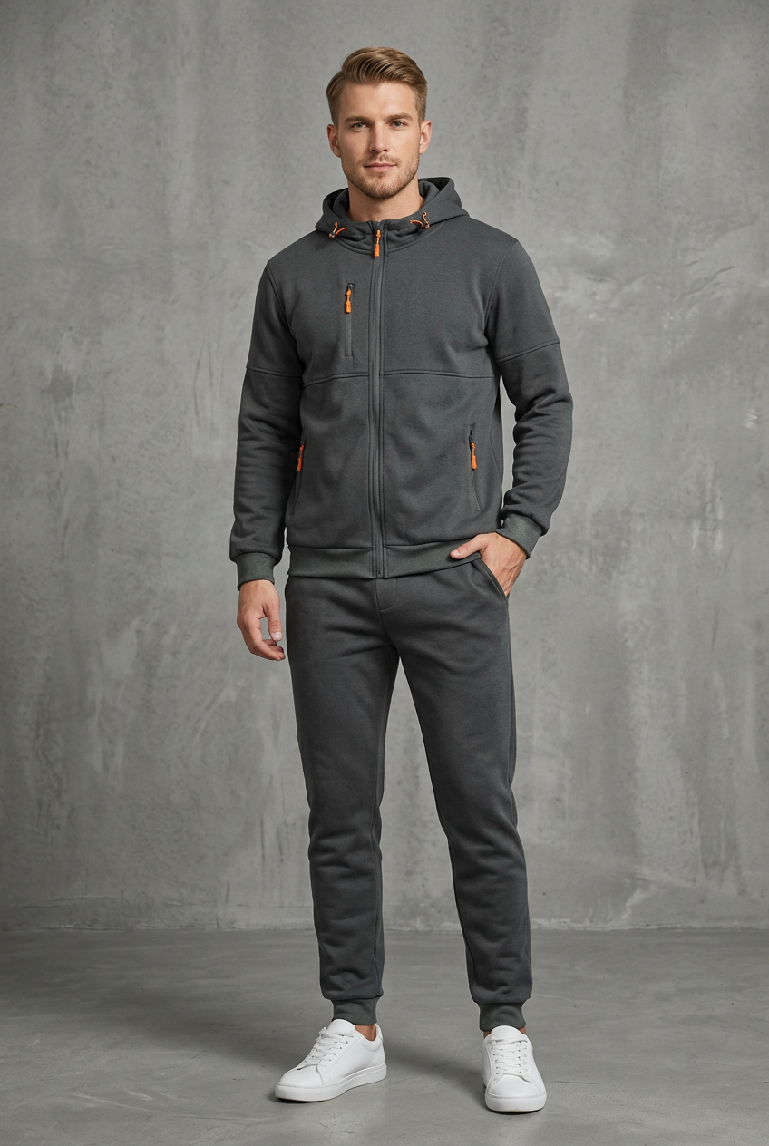 Front view of the dark grey set with orange zip pullers, hoodie zipped up 4