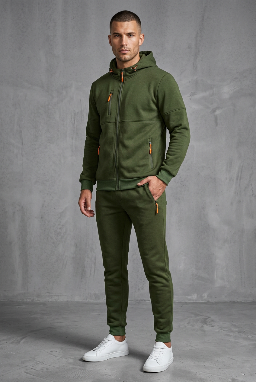 Man in olive green hooded tracksuit with orange zip pulls, front view, hand in pocket 6