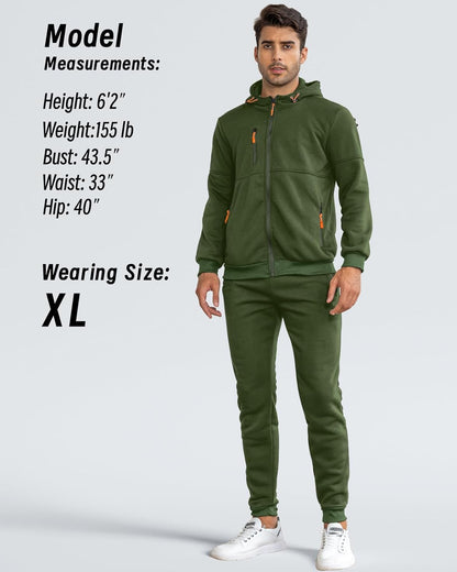 Model wearing the green tracksuit in size XL, with his height and body measurements listed beside him 15