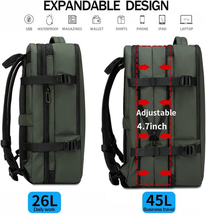 Expandable 26–45 L waterproof travel backpack with laptop compartment and duffel option.