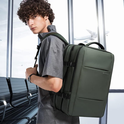 Expandable 26–45 L waterproof travel backpack with laptop compartment and duffel option.