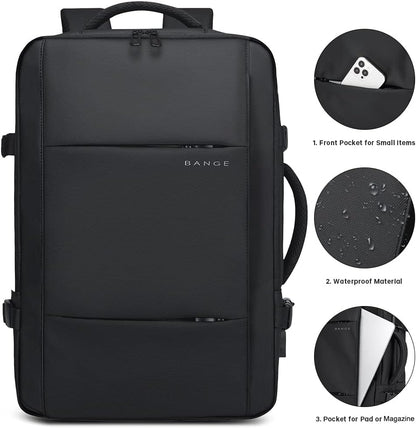 Expandable 26–45 L waterproof travel backpack with laptop compartment and duffel option.