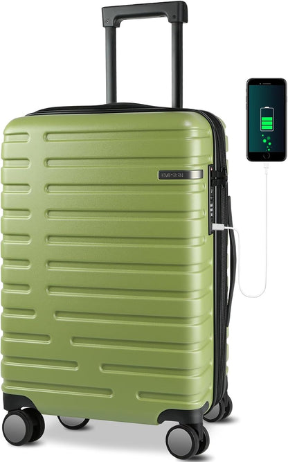 Extendable hard-shell suitcase with spinner wheels and TSA lock.