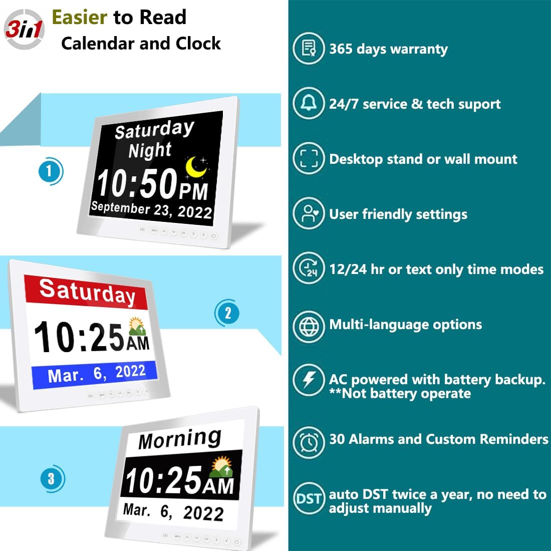 11.5-inch digital calendar day clock with 19 reminders – Claryon