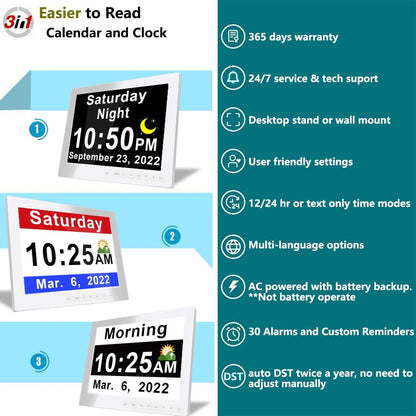 11.5-inch digital calendar day clock with 19 reminders – Claryon