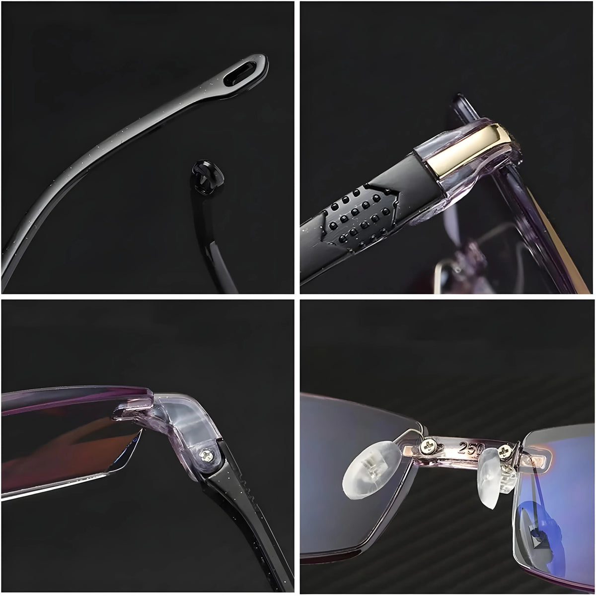 Four close-up details of the glasses: curved arm tip, grip dots on the arm, hinge screw, and clear silicone nose pads. 4