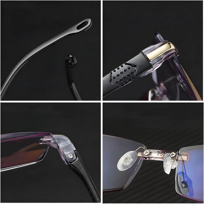 Four close-up details of the glasses: curved arm tip, grip dots on the arm, hinge screw, and clear silicone nose pads. 4