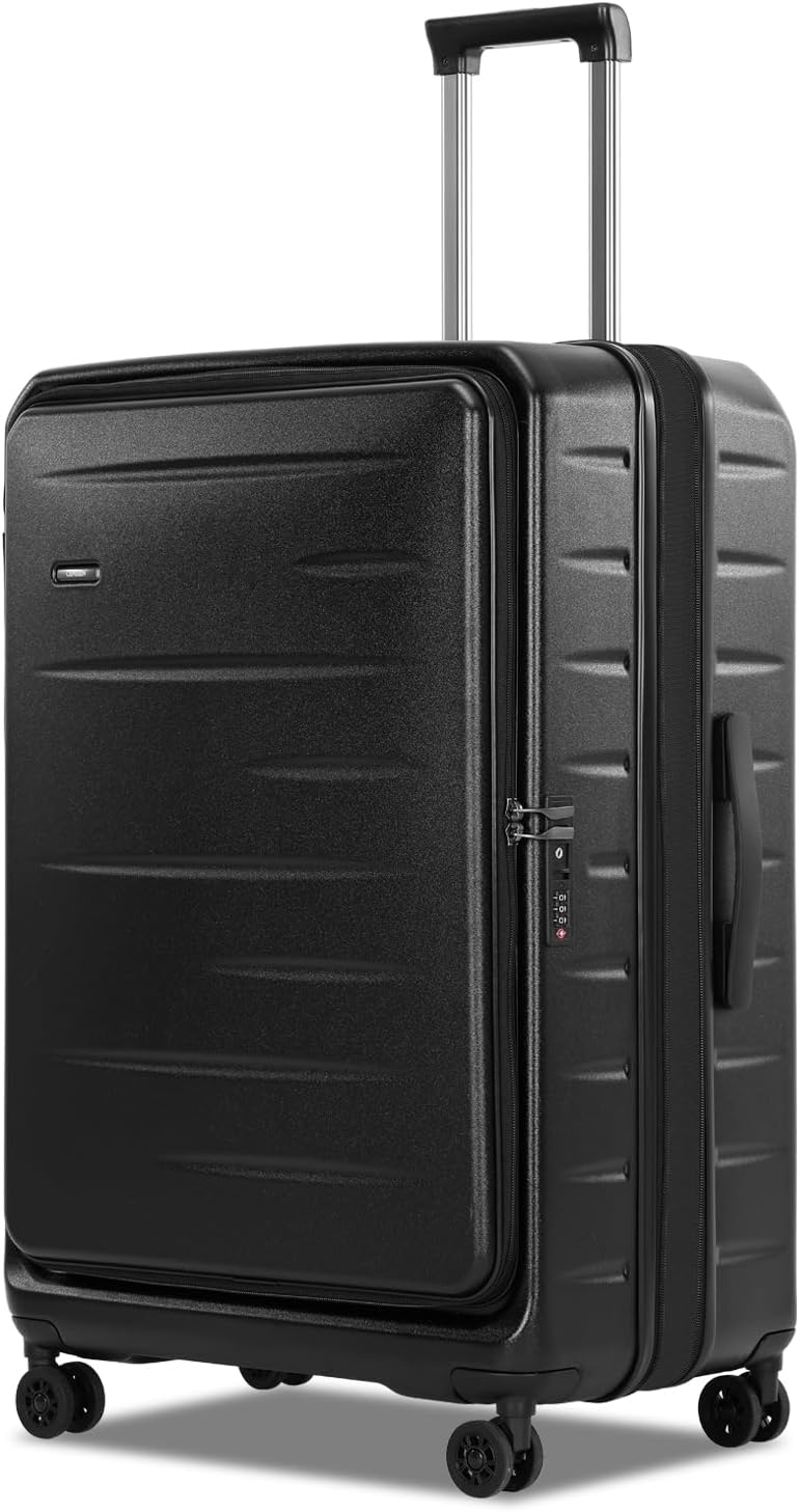 Expandable hard-shell suitcase with front compartment and TSA lock.