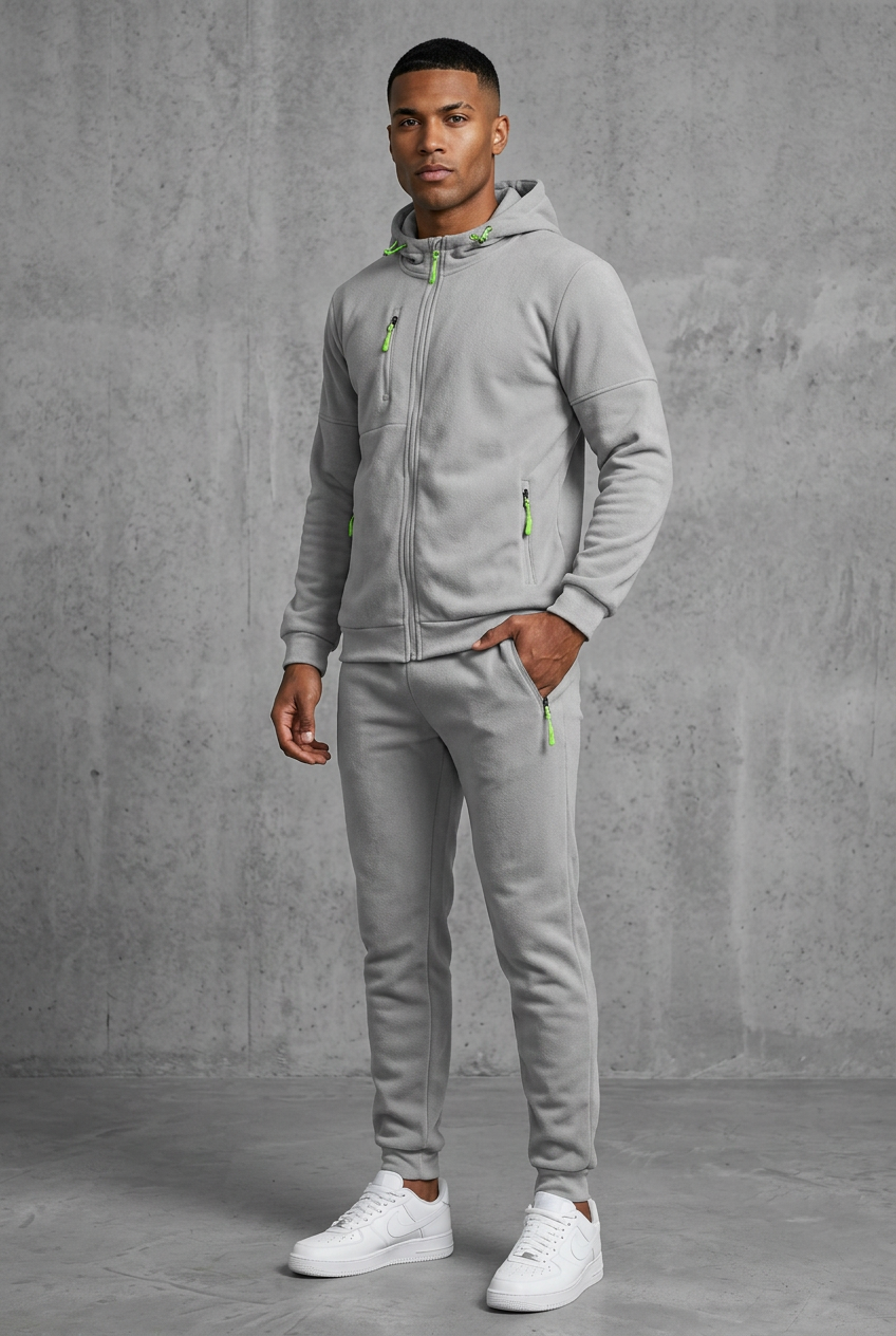 Man in light grey fleece hooded tracksuit with lime green zip pulls, front view 10