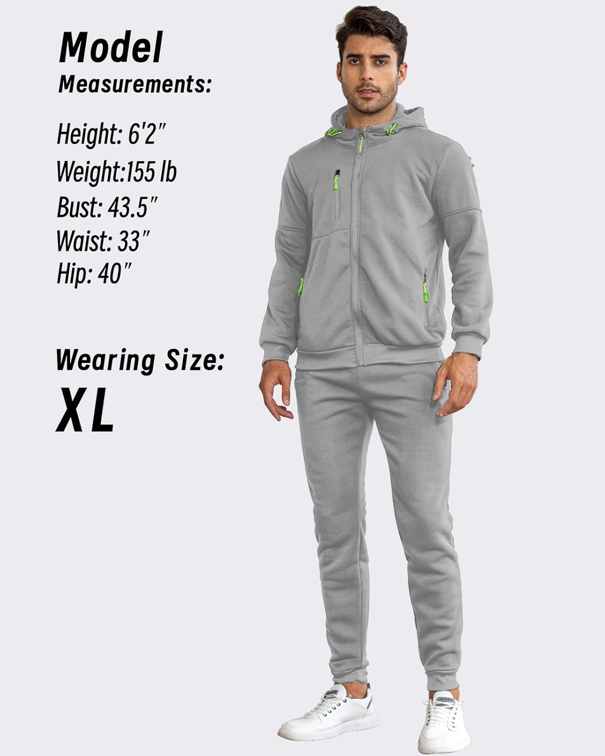 Model standing in the grey hooded tracksuit with joggers and lime zip pulls, with size details listed alongside 27