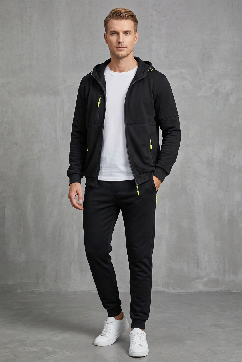 Front view of the black set with neon yellow zip pulls, jacket open over a white T-shirt 8
