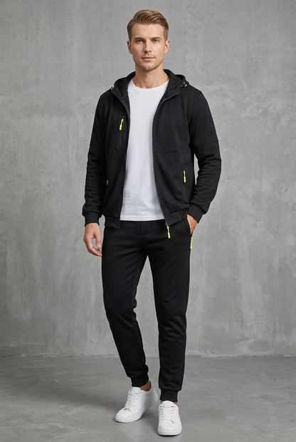 Front view of the black set with neon yellow zip pulls, jacket open over a white T-shirt 8