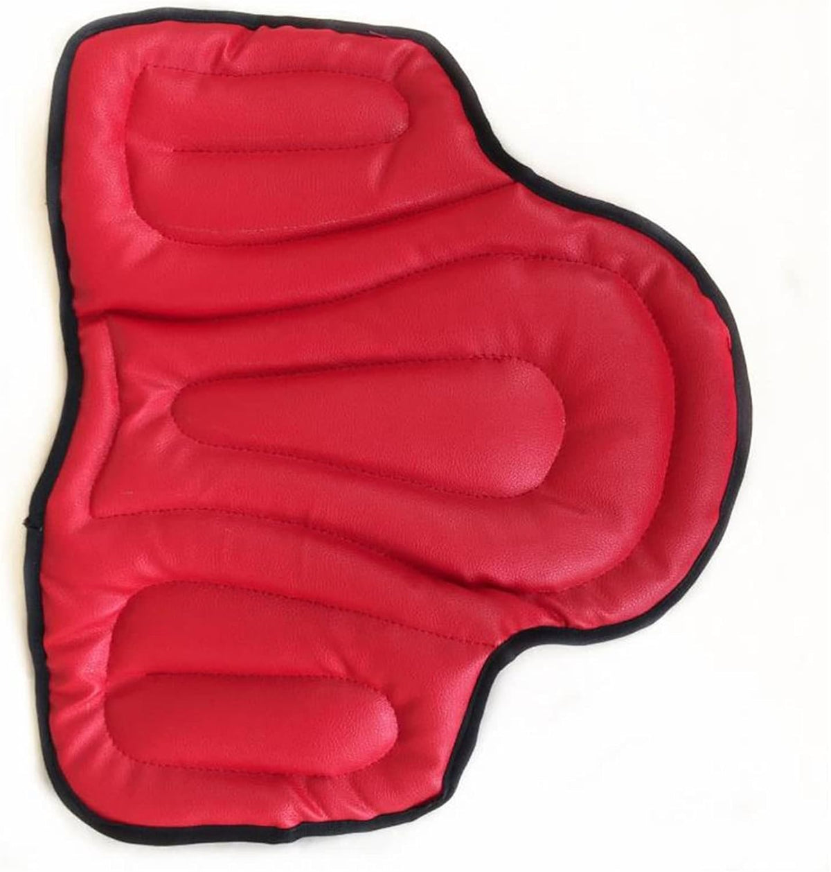 Red padded seat cushion with black edging laid flat on a white background 8