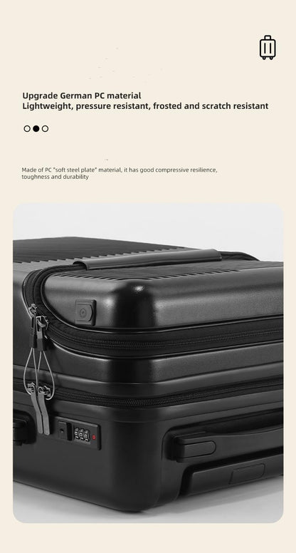 Hard-shell hand luggage with cup holder, USB port and TSA-approved lock.