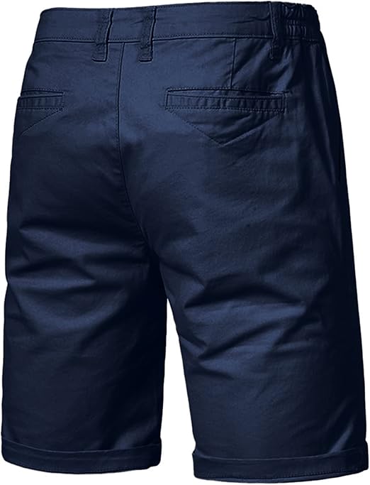 Back view of the navy blue shorts, showing two back pockets, belt loops and the rolled hems. 11