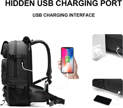 50‑litre waterproof travel rucksack with shoe compartment and USB port