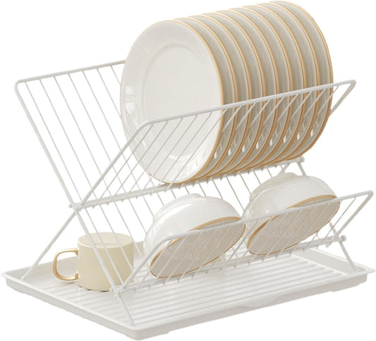 Foldable dish drainer – 2-tier kitchen drying rack with removable tray – Kelvra
