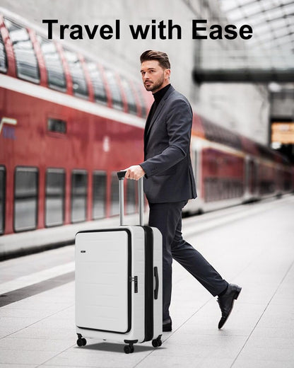 Expandable hard-shell suitcase with front compartment and TSA lock.