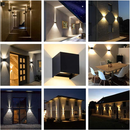 Collage of nine scenes showing black cube wall lamps lighting hallways, house facades, a doorway and a dining area, indoors and outdoors. 13