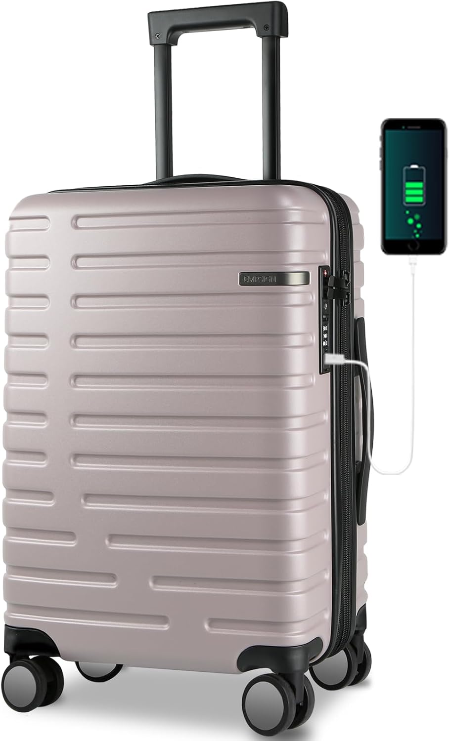 Extendable hard-shell suitcase with spinner wheels and TSA lock.