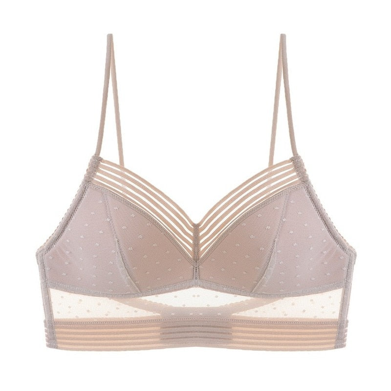 Second flat lay of the taupe bra, front view, with thin straps, striped neckline and sheer dotted mesh panels above the band. 11