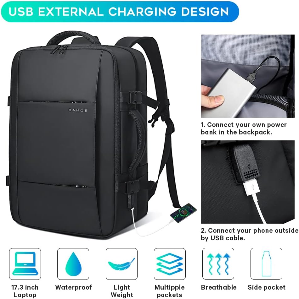 Expandable 26–45 L waterproof travel backpack with laptop compartment and duffel option.