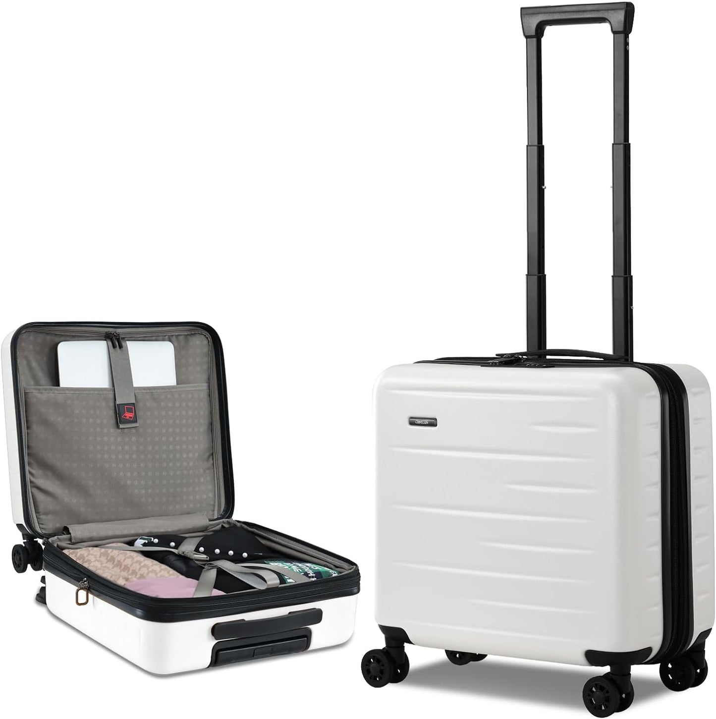 Expandable hard-shell suitcase with front compartment and TSA lock.