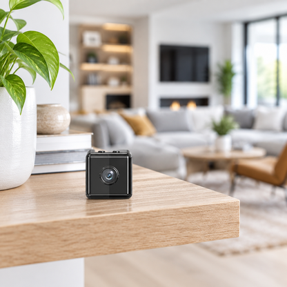 Small black cube camera standing on the edge of a wooden shelf in a bright living room 1