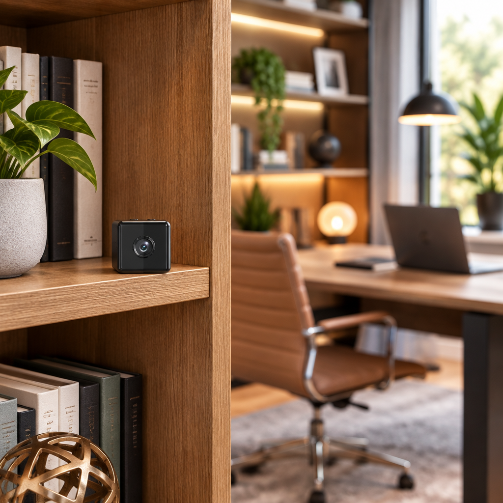 Small black cube camera sitting on a wooden bookshelf beside books and a plant, with a home office behind 1