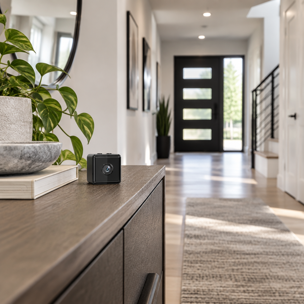 Small black cube camera sitting on a wooden sideboard in a bright hallway, facing the front door 1
