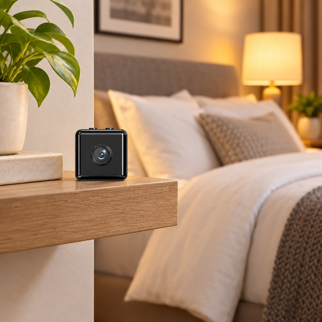 Small black cube camera on a wooden bedside shelf in a softly lit bedroom 1