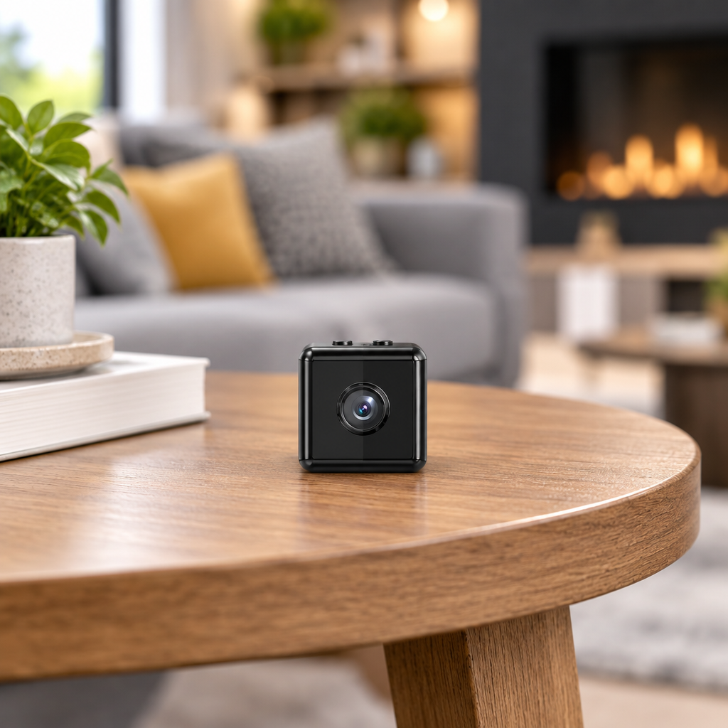 Small black cube camera sitting on a wooden coffee table in a cosy living room 1