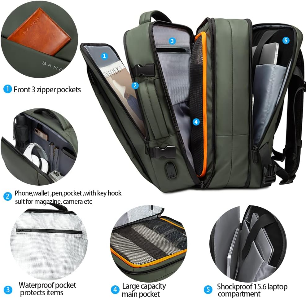 Expandable 26–45 L waterproof travel backpack with laptop compartment and duffel option.