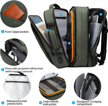 Expandable 26–45 L waterproof travel backpack with laptop compartment and duffel option.