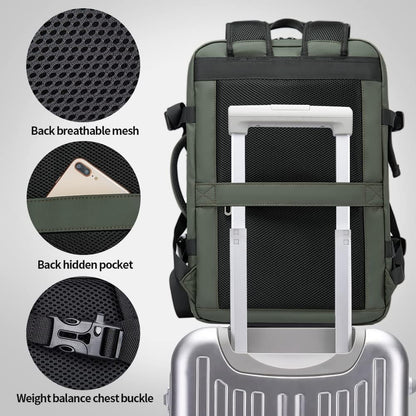 Expandable 26–45 L waterproof travel backpack with laptop compartment and duffel option.