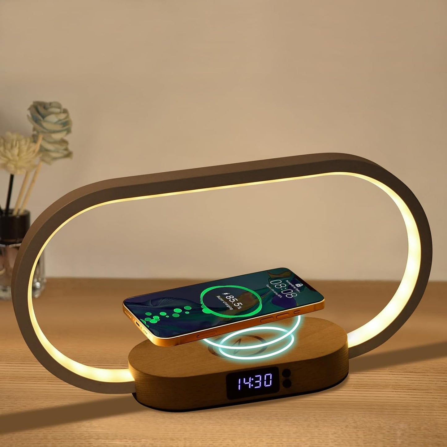 Corded lamp with wireless charging and clock – Lumora