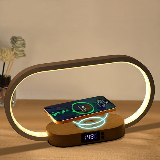 Corded lamp with wireless charging and clock – Lumora
