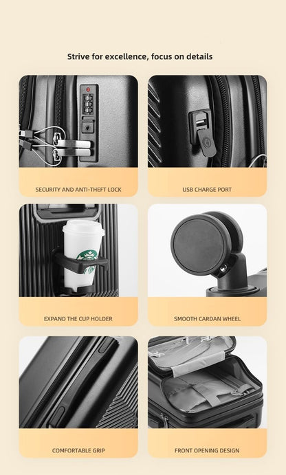 Hard-shell hand luggage with cup holder, USB port and TSA-approved lock.