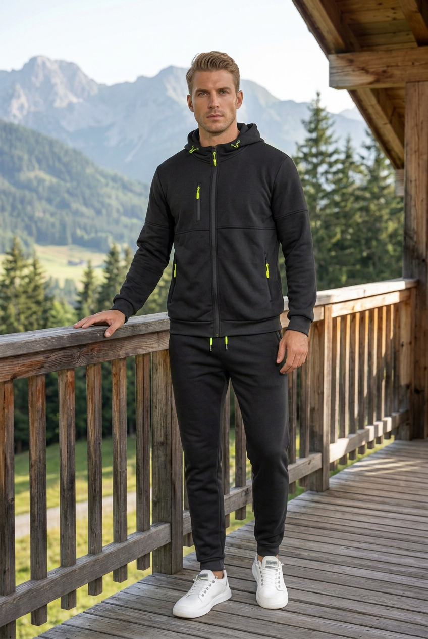 Man in black zip-up hooded tracksuit with neon yellow zips, leaning on a wooden mountain balcony 1