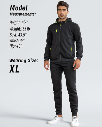 Model standing in the black zip-up hooded tracksuit with lime zip pulls and joggers, size details listed alongside 21