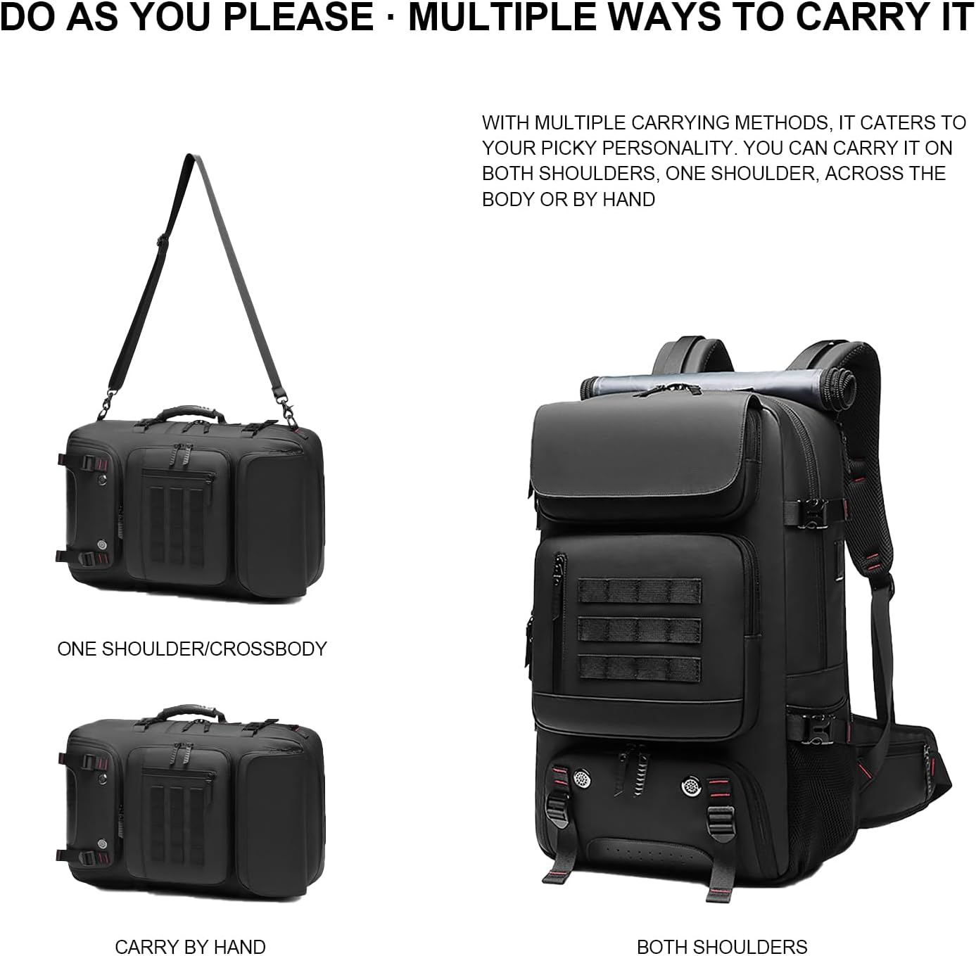 50‑litre waterproof travel rucksack with shoe compartment and USB port