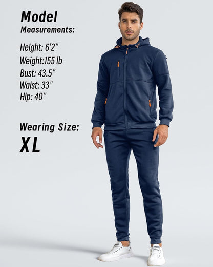 Model wearing the navy tracksuit in size XL, with his height and body measurements listed beside him 3
