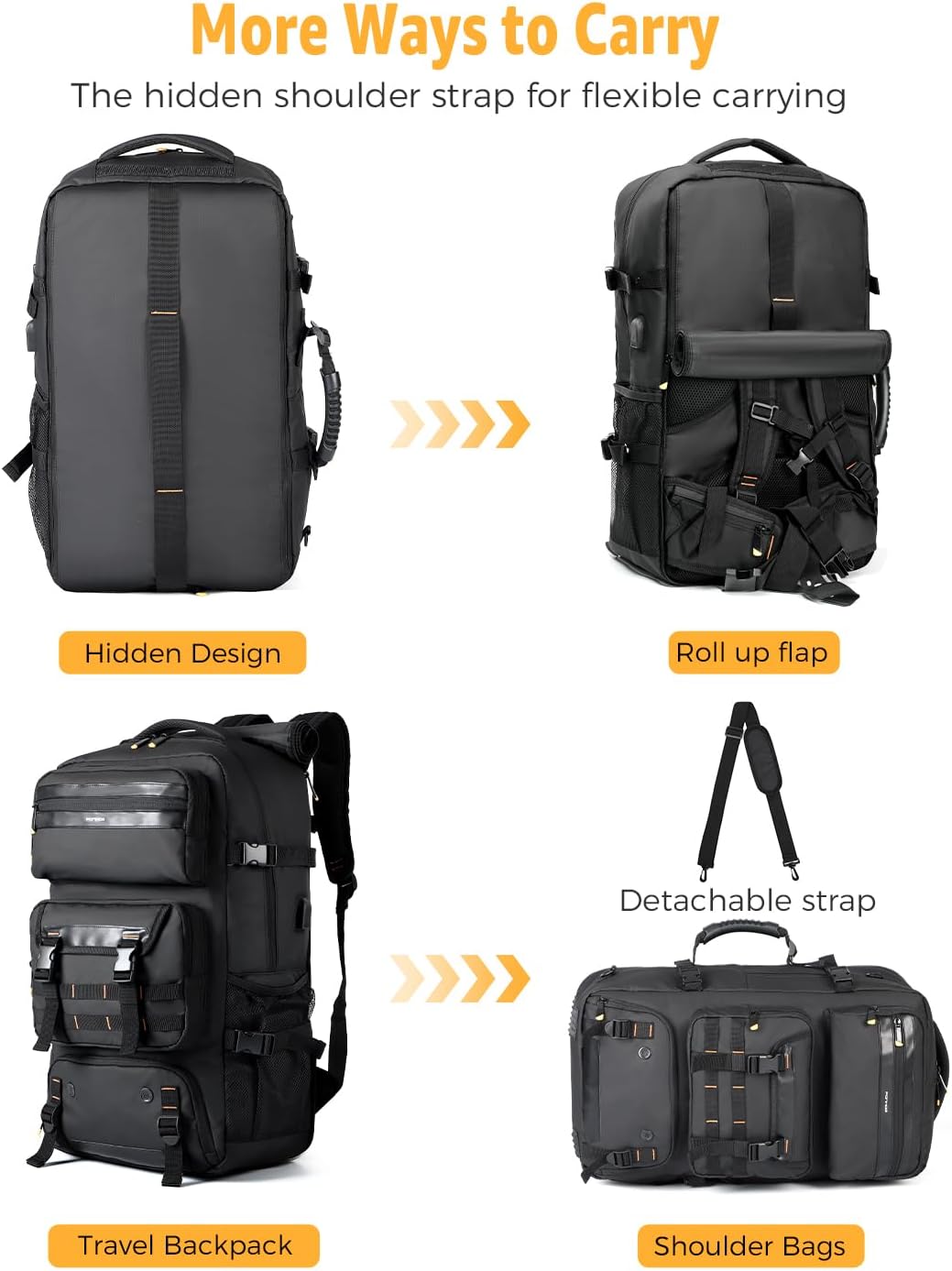 50L flight-ready convertible travel rucksack with shoe compartment and USB port