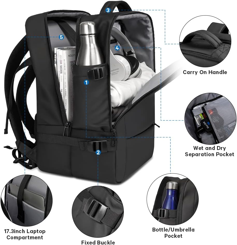 Expandable 26–45 L waterproof travel backpack with laptop compartment and duffel option.