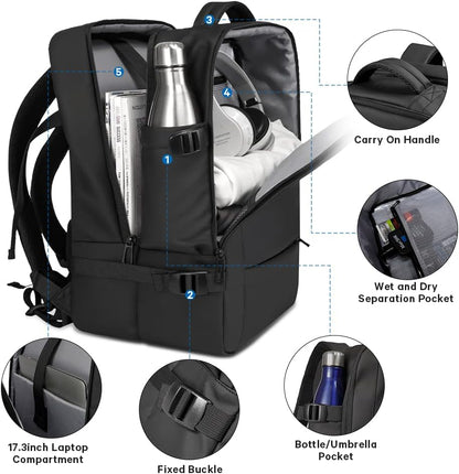 Expandable 26–45 L waterproof travel backpack with laptop compartment and duffel option.