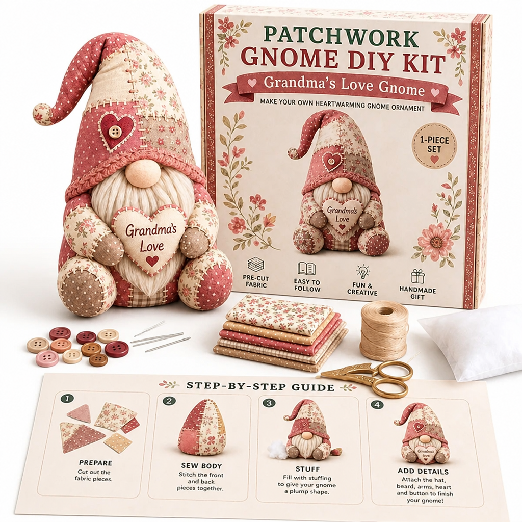 Pink floral gnome holding a heart, shown beside its kit box, fabric squares, buttons and step guide 10