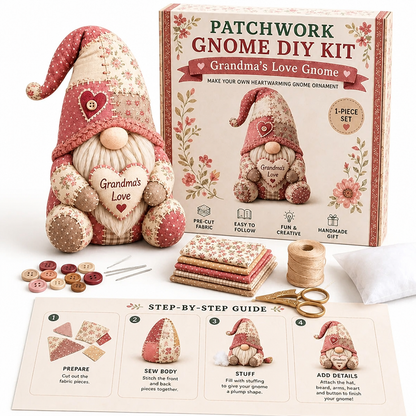 Pink floral gnome holding a heart, shown beside its kit box, fabric squares, buttons and step guide 10