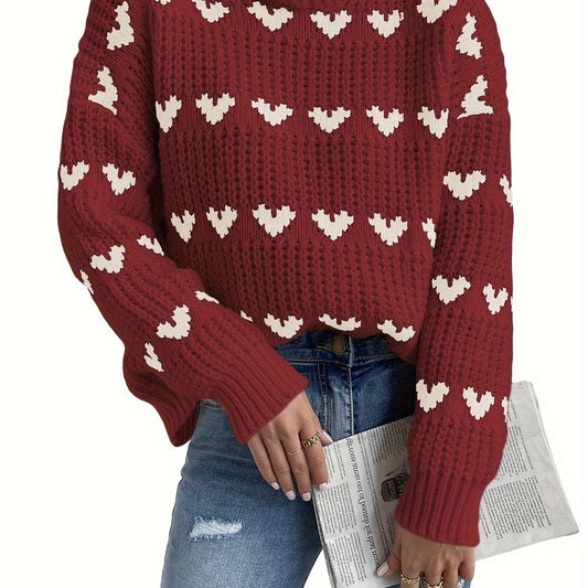 Knitted Ladies' Sweater with Heart Pattern and High Neck – Nola