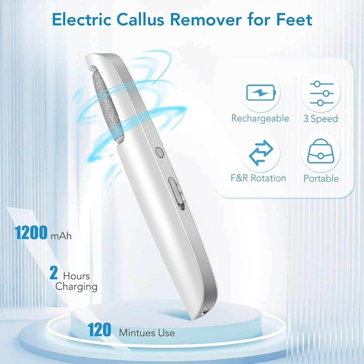 White device with swirling blue motion lines on a pale background, surrounded by icons for rechargeable, three speeds, reverse rotation and portability. 3
